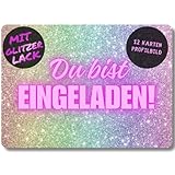 12x Glitzer Party Einladungskarten - Für den Kindergeburtstag von Mädchen - coole Glitzer Geburtstagseinladungen inkl. Messenger Bild & Urlaubsgutschein