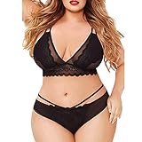 Mode Frauen große Größe Spitze Mesh Babydoll Dessous Sexy Unterwäsche Set Bringbring, Schwarz , 52