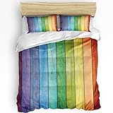 JGGXHM Bunter Bettbezug mit Kissenbezug und Holzplanken im Regenbogen-Design, 3-teiliges Bettwäscheset, Bettbezug, Doppelbett, Heimtextilien (155 x 220 cm)
