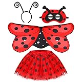 Hifot 4pcs Marienkäfer Kostüm Mädchen,Ladybug Tüllrock, Flügel, Zauberstab und Haarreif für Halloween Karneval Geburtstag Party