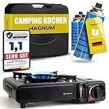 MAGNUM® Gaskocher inkl. 4x Gaskartuschen und Tragekoffer - Campingkocher mit Gaskartuschen – Gaskocher Camping komplett Set mit Piezozündung