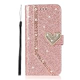 BEENTRYS Glitzer Klapphülle für Huawei P10 lite,Diamant Herz Luxus Bling Kickstand Kartenfach Magnetisch Mädchen Handyhülle PU Leder Flip Schutzhülle für Huawei P10 lite-Roségold