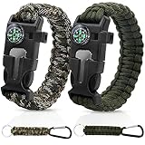 SDwfxd 2-Teiliges Set Survival Armband, Multifunktion Paracord Armband mit 2 STK Karabiner und Eingebautem Kompass, Feuerstarter, Notfallmesser & Whistle