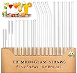 AOTWAN Glas Strohhalme Wiederverwendbar 20 Stück Glasstrohhalme, 6 Kurz + 6 Lange Geraden Glas-Strohhalme, 4 gebogenem Trinkhalme mit 4 Reinigungsbürsten für Cocktails, Smoothie und Säfte