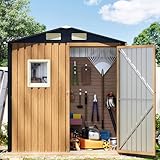 Panovue Gartenhaus mit abschließbarer Tür, Werkzeugschuppen aus Stahl mit 1 transparenten Fenster, korrosionsbeständiger Metallschuppen für Hinterhof, Terrasse, Rasen (helle Holzmaserung)