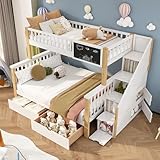 Kehun Kinderbett Etagenbett 90×200 & 140×200 mit Treppe, Hochbett Doppelbett mit Tafel und Stauraum Schubladen für 3 Kinder, Holzbett mit Rausfallschutz und Lattenrost, Natur & Weiß, Ohne Matratze