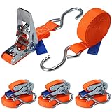 Spanngurt mit Ratsche und S Haken 4er Set 700 kg Zurrgurt DIN EN 12195-2 Ratschengurt 2-teilig orange 4 m oder 6 m, 25 mm breit - 4er Pack 2.5 cm x 6 m