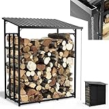 Onbest Innovation, Brennholzregal mit Regenrinne, Regenkette und Wetterschutz – Kaminholzregal Metall mit Dach für außen – in 2 Größen – Stapelhilfe – Holzlager (135x70x165 cm)