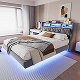 LANTRO JS Boxspringbett, Polsterbett mit Stauraum, Steckdose und Ablagefach, LED-Beleuchtung, Samtstoff Bett mit Verbreiterte Bettbeine, Grau