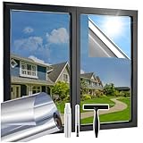 Lifetree Spiegelfolie Fensterfolie Bickdicht Sichtschutz von außen, 44.5x200 cm, Sonnenschutzfolie mit UV-Schutz und Hitzeschutz, selbstklebend, ideal für Wohnzimmer und Büro, Silber-Silber