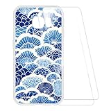 ESCAMOT Bedruckte Hülle + 2 Glas Schutzfolie Kompatibel mit Samsung Galaxy S6 Edge, Stoßfeste Weiche Cover und HD Klare Tempered Glass Folie (Welle)