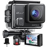 Surfola Action Cam 4K, Unterwasserkamera 40M Wasserdicht 20MP EIS Bildstabilisierun 170° Weitwinkel Helmkamera WiFi Actionkameras mit Externem Mikrofon 2 Akkus und Zubehör Kit 2.4G Fernbedienung