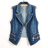 Jeansjacke Mädchen, Damen-Jeansweste Jacke Dunkelblau Schmale Passform Anzug Revers Ärmellos Knopfleiste Jeansweste Weste Vintage-Waschung Distressed Verkürzte Denim-Gilet Lässige Oberbekleidung