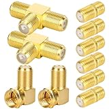 10 Stück F-Stecker Set Vergoldete 6 F-Verbinder 2 90-Grad-Winkeladapter 2 T-Splitter für TV Satelliten Antenne Koaxialkabel Verlängerung