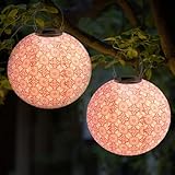 NAVESO Lampions Led Solar, 2 Stück 25cm Retro Solarlaterne Hängende, Lampions Außen Wetterfest, Nylon Garten Laterne, Gartenlaterne für Draußen, Lampions Led Bunt für Garten, Hof, Terrasse, Hochzeit