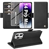 Giyer Handyhülle für iPhone 14 Pro Max Hülle mit Displayschutzfolie, Leder Wallet Kartenfach Ständer Tasche Schutzhülle für iPhone 14 Pro Max Flip Case Kameraschutz Vollschutz Klapphülle (Schwarz)