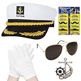 Kapitänsmütze, 5 Stück Matrosenmütze Set, Yacht Kapitän Hut mit Sonnenbrille Handschuhe, Anker Abzeichen, Kapitän Prop, Matrosen Kostüm Accessoires, Admiral Captain Kostüm für Karneval Cosplay Partys