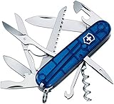 Victorinox, Taschenmesser Huntsman - Blau Transparent - Swiss Made - 15 Funktionen, Klinge, Korkenzieher, Dosenöffner, Klinge