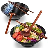 Sosayet Ramen Schüssel Keramik, 2 Sets (6 Stück) Ramen Bowl mit Löffel und Essstäbchen, Rutschfeste Japanische Schüssel Geschirr für Ramen, Salat, Müsli, 1000 ml, 20 x 20 x 8 cm