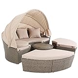 Casaria® Sonneninsel Lounge Set ø185cm Polyrattan Faltbares Sonnendach Ausziehtisch 7cm Sitzauflagen Wetterfest Outdoor Sonnenliege Gartenliege Beige