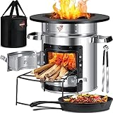 KESSER® Raketenofen mit Grillpfanne aus Gusseisen | inkl. Grillzange & Tragetasche | Dutch Oven 6 integrierte Spikes | BBQ Rakete Holzofen Camping | Outdoor-Campingkocher Campinggrill Edelstahl Silber