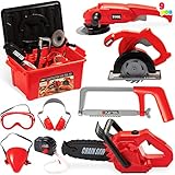 JOYIN 8 Stücke Bauwerkzeug Spielzeug Set Kettensäge Werkzeugkoffer mit Zubehör, Rollenspielset inklusive Kinder Werkzeug, Realistischer Spielzeugkettensäge, Kinderspielzeug ab 3 Jahre