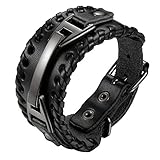 Cupimatch Breites Wickelarmband Herren Leder Armband Geflochten Fleschtarmband Armreif Seil Jungen Länge Verstellbar 15-20cm, Schwarz