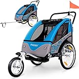 FROGGY Kinder Fahrradanhänger 360° Drehbar mit Federung - 2in1 Joggerfunktion, 5-Punkt Sicherheitsgurt, Jogger Fahrrad Kinderanhänger für 1 bis 2 Kinder max. 40kg, Cyan Blau