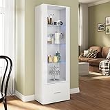 SUNXURY Glasvitrine mit Beleuchtung 55 x 35 x 172cm Vitrine mit Schublade und Offener Glasablage Modern Glasvitrine Stehend Hochglanz Weiß für Wohnzimmer