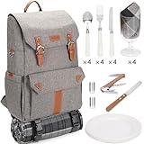 HappyPicnic Insulated Picknickrucksack für 4 Personen mit komplettem Geschirrset, geräumigem Kühlfach, Flaschenhaltern und großem wasserdichtem Picknick-Teppich