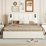 SUNFECILI Polsterbett 140x200 cm mit Leselicht und USB-C Ladefunktion, Doppelbett mit Stauraum und Lattenrost, Bett mit Bettkasten, Boxspringbett ugendbett Funktionsbett, Beige (Beige, 140x200cm)