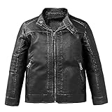 linboo Kinder Lederjacke Jungen Motorrad Bikerjacke aus Kunstleder Bomberjacke Mädchen übergangsjacke Frühling Herbst, Schwarz 02, 146-152