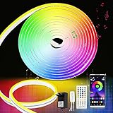 RGB LED Strip 5M, Neon LED Streifen Farbwechsel, Musik-Sync, Wasserdichte, Silikon DIY Flexibler Lichtstreifen mit Fernbedienung, APP Steuerung für Innen und Außendekoration(Inklusive Adapter)