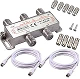 RUNCCI-YUN 4-Fach TV Radio F-Stecker Adapter Kabel Antennen Verteiler SAT Splitter Metall TV-Verteiler 5-2500MHz inkl. Adapter + Kabel + 4 x F Stecker auf Koax Stecker + 5x F Buchse auf Koax Kupplung