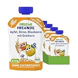 FRECHE FREUNDE Bio Quetschie Apfel, Birne, Blaubeere mit Dreikorn, Fruchtmus mit Getreide im Quetschbeutel für Babys ab dem 6. Monat, vegan, 6er Pack (6 x 100g)