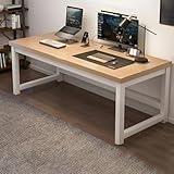 Eleganter weißer Schreibtisch mit Stahlbock, Heimbüro, ohne Stühle, Computer-Desktop-Tisch, Schlafzimmer, Arbeitszimmer, lange Gaming-Werkbank, naturfarben, 180,3 x 61 x 73,7 cm (L x B x H)
