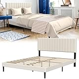 YRHome Polsterbett mit Kopfteil aus Leder Bett Betten Bettrahmen mit Lattenrost aus Holz Bettgestell Mit Holzlattenstütze Mit Installationstools Bis 300KG - Plüschstoff Beige Yellow - 160 x 200 cm