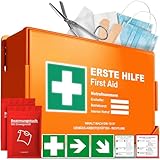 Erste Hilfe Kasten nach neuer DIN 13157:2021 inkl. Wandhalterung & Aufklebern|Universal Erste Hilfe Koffer für Betrieb, Haushalt oder Gastronomie - Büro Verbandskasten gefüllt, Sanikasten