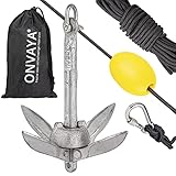 ONVAYA® Bootsanker | 0,7 kg | Klappanker | Set inklusive Ankerleine mit Karabiner, Ankerboje und Transportbeutel | Faltanker | Anker für Boot, Schlauchboot, SUP, Kajak, Kanu