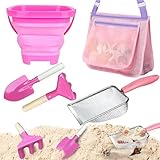 LIDAGO 5-teiliges Sandspielzeug-Strand-Set beinhaltet 1 faltbaren Strandeimer, 2 Metallschaufeln und 1 Sandsieb mit 1 Netz-Strandtasche zum Sammeln von Muscheln