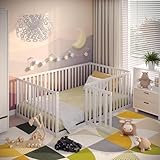 CADANI Teso Kinderbett 120x200 cm Montessori Bodenbett mit Tür & Rausfallschutz, 6 Aufbauvarianten, Massivholz Kiefer weiß, als Laufstall nutzbar, inkl. Lattenrost
