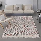 WECONhome Wollteppich London Red – Handgewebter Designteppich mit Hoch-Tief-Effekt & Fransen – Aus Schurwolle – GoodWeave Zertifiziert – Modern, weich & fair produziert (80 x 150 cm, Creme beige)