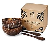 Granny's World® Exclusive Kokosnuss-Schalen 2er Set mit Löffeln | Handgefertigtes 100% Naturprodukt | Holzschale | Coconut Bowls Set | Handgefertigt mit Kokosöl poliert | 12-15cm durchmesser