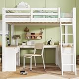 Luxeza Hochbett, Kinderbett, U-förmiger Langtisch, Mit Zwei Schubladen und Aufbewahrungsregal, Kiefer + MDF + PB + Sperrholz, Stabile Lattenroste, Weiß+Natur, 140x200cm