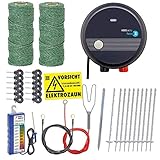 Hundezaun Komplettset 50m Elektrozaun, ideal für Einzäunungen in Ihrem Garten, mit umfangreichem Zubehör, anschlussfertig mit 200m grüner Weidezaunlitze und Zaunprüfer, 10 weiße Pfähle 105cm