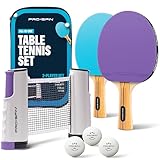PRO SPIN Tischtennisschläger Set - Mit Tischtennisnetz Für Jeden Tisch, Tischtennis bälle 3-Sterne, Tasche/Hülle|Ausziehbares Mobiles Tischtennis Netz (Set für 2 Spieler, Lila/Blau)