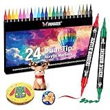 Pamaker 24 Farben Acrylstifte Set – Acrylmarker mit feiner Spitze und Pinsel für Stoff, Leinwand, Glas, Holz und Papier – Ideal für Kinder und Erwachsene, zum Zeichnen und DIY-Bastelprojekte