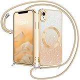 GUAGUA Handyhülle für iPhone XR Hülle mit Band, für Phone XR Handykette [Kompatibel mit MagSafe] Glitzer Magnetische Schutzhülle Stoßfeste Weiche TPU Case Cover Schutzschale, (6,1'') Gold