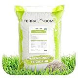 TerraDomi Rasendünger Frühjahr & Sommer 8 kg NPK 15-15-15 I Volldünger mit Langzeitwirkung I verdrängt Moos I für über 300 m² Rasen I streuwagengeeigneter Dünger | staubarm & mit extra Schwefel