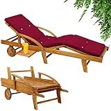 Casaria® Sonnenliege Holz inkl. Auflage Rot 320kg Belastbar 2 Personen Klappbar Gartenliege Räder 195x55cm Verstellbar Ablage Akazie Liege Terrasse Wetterfest